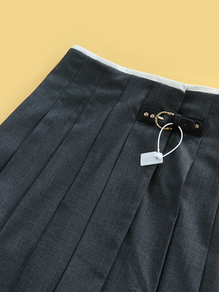 M Home Autumn Winter Grey Series Leather Buckle Decoration Midi Skirt High Waist Polyester Fiber City Commute Style A-Line Skirt