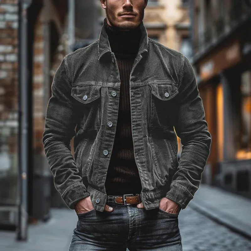 2026 Autumn Winter Vintage Corduroy Jackets Men Solid Color Turn Down Collar Casual Jacket Coat Fashion Male Outwear Streetwear