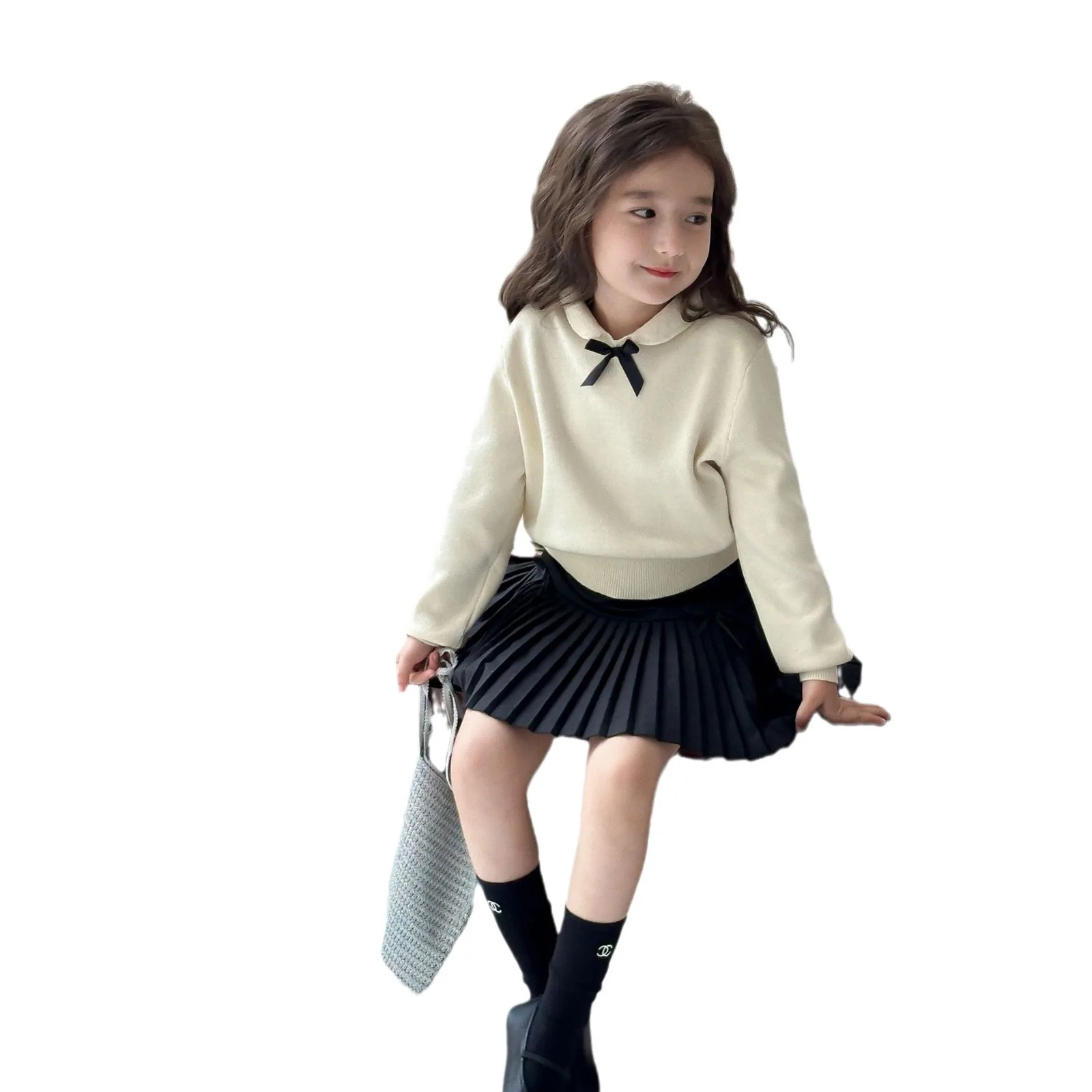 Children Clothes Girls Knitwear 2024 Autumn New Preppy Style Bow Pullover Sweater Doll Collar All Match Sweet Casual Girls Top