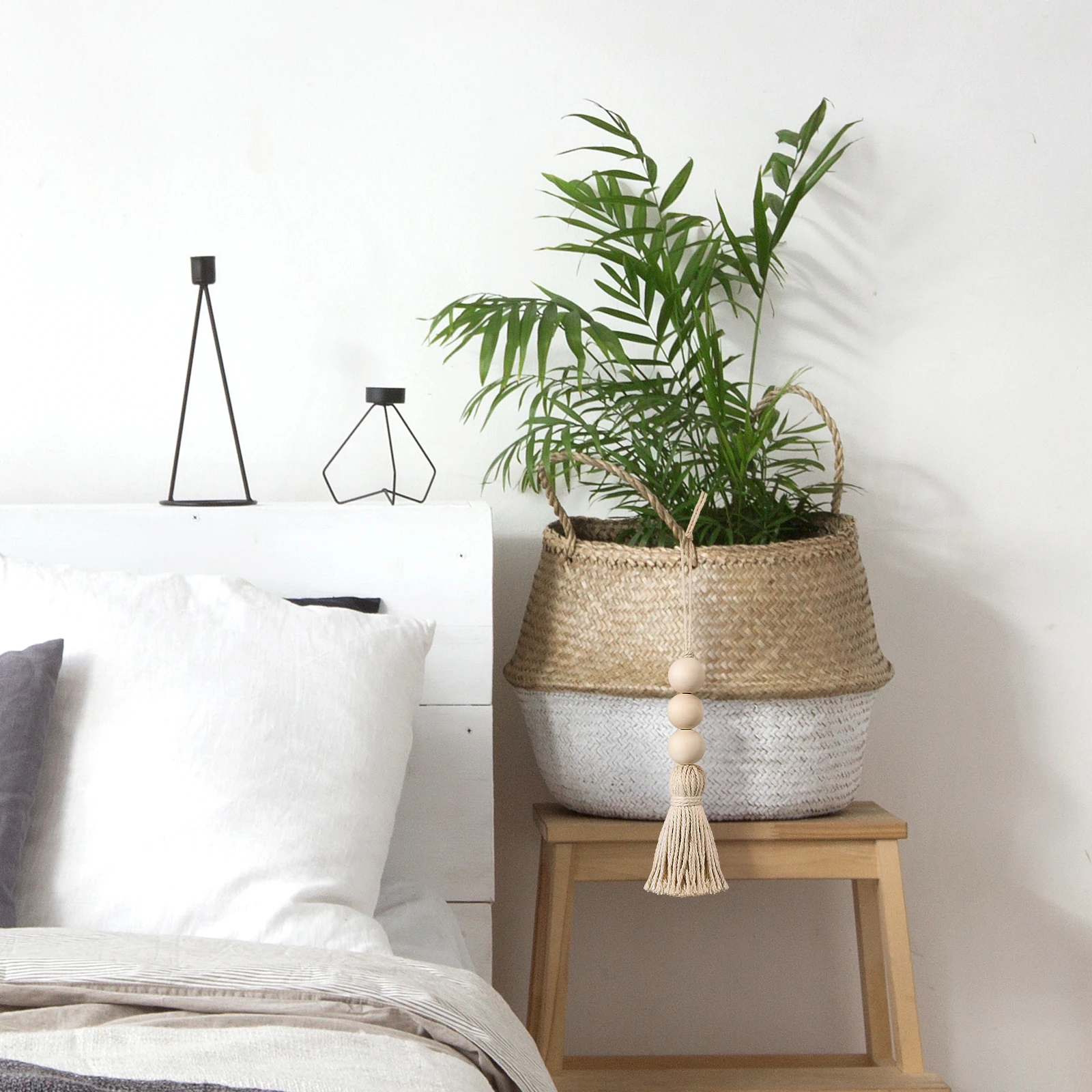 

8Pcs Wooden Beads Decoration Rustic Tassel Ornaments Cotton Thread Home Wall Door Handle Closet Backpack Car Decor