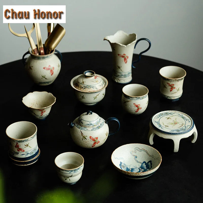 Handmade Gold Drawing Butterfly Orchid Teaware Blue And White Flint Red Tea Pot Tea Brewing Gaiwan Justice Cup Kung Fu Teaset