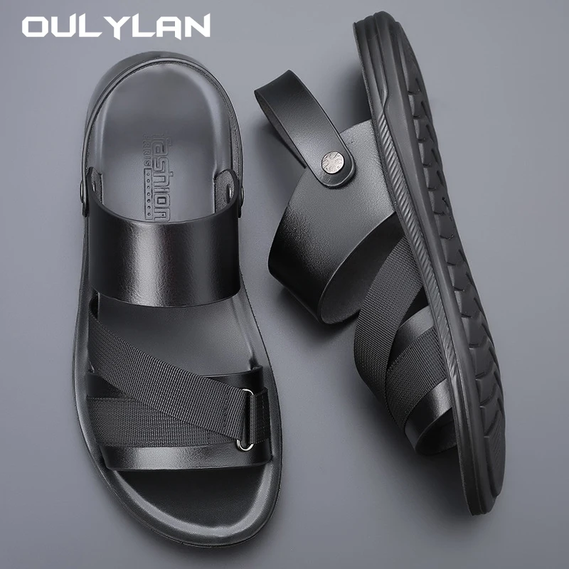 Oulylan Fashion Sandals for Men Casual Leather Beach Shoes Non Slip Soft Sole Open Toe Summer Flat Dual-Purpose Slippers Slides