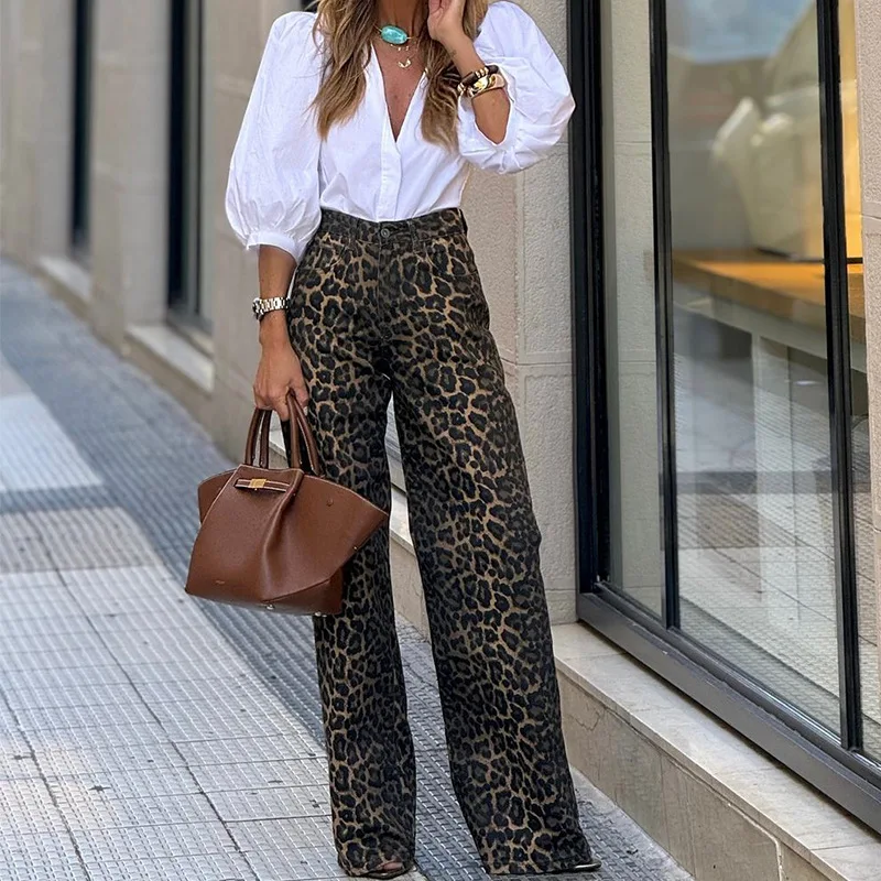 2025 Spring and Summer New Women's Vacation Chiffon Leopard Pattern Elastic Waist Pocket Loose Work Pants