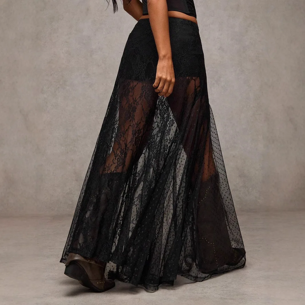 2026 New Sheer Lace Patchwork Bodycon Maxi Skirt Women's Elegant Cool High Waist Party Long Skirt
