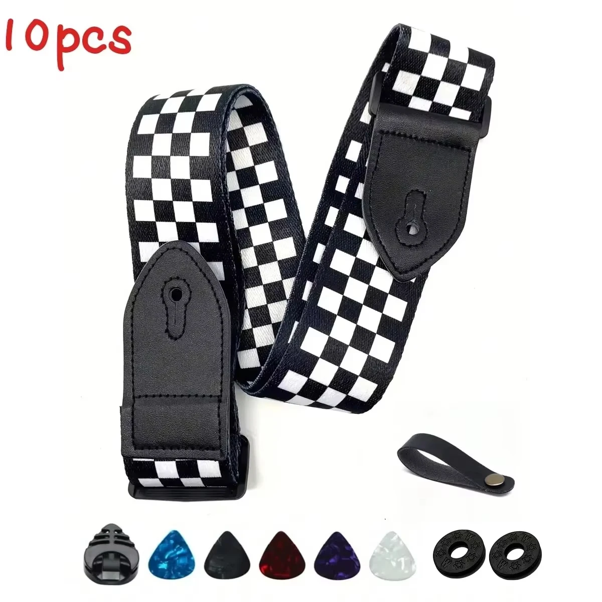 Miywayer 10-Pack Adjustable Guitar Strap - Black White Checkered Pattern with 5 Picks & Picks Holder
