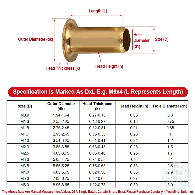 Brass Hollow Tubular Rivet Eyelet Copper Grommet Fastener M0.9 M1.3 M1.5 M1.7 M2 M2.3 M2.5 M3 M3.5 M4 M5 M6 For PCB Leather DIY