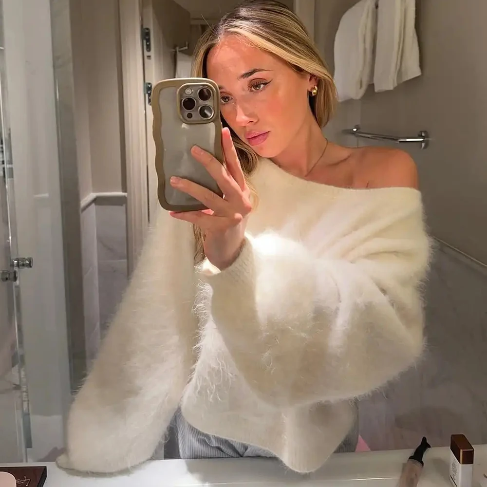 

Women Solid Off Shoulder Pullover Fashion Classic Full Sleeve Loose Knitted Sweater Y2k Lady Daily High Street Autumn Sweaters