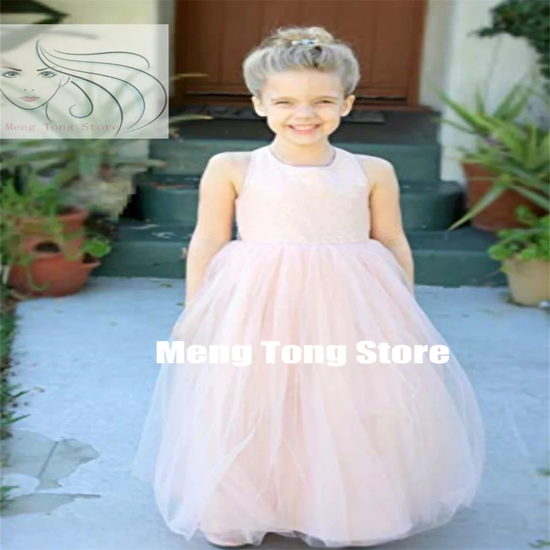 Pink Flower Girl Dresses Puffy Crossed Straps A-line Sequin Top With Big Bow Sleeveless For Wedding Birthday Party Banquet Gowns