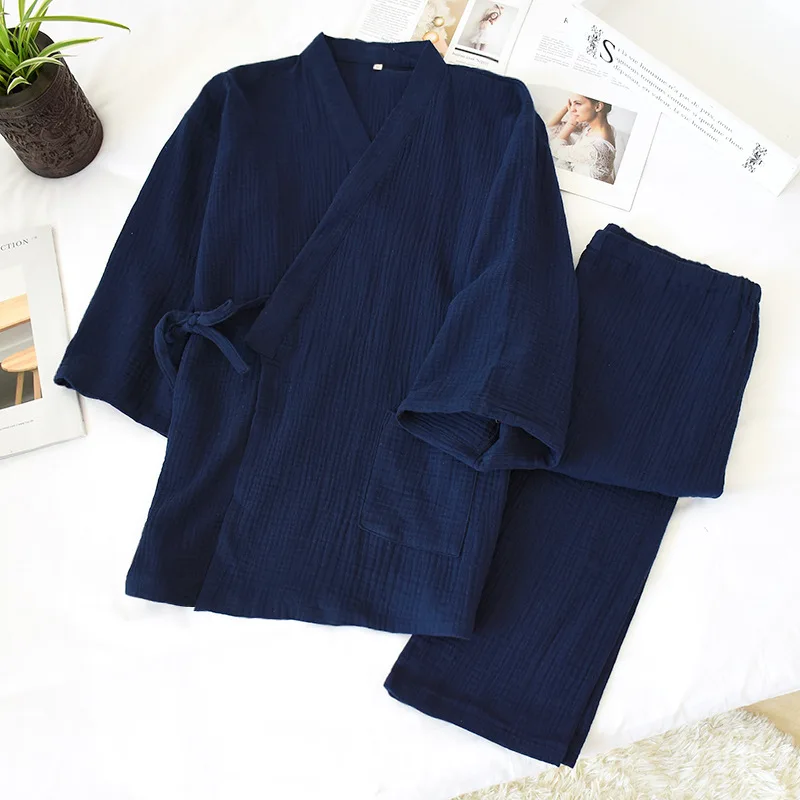 Japanese Kimono Pajamas V-Neck Long Sleeve Pijamas Women 2 Piece Set Autumn Double Layer Gauze Sleepwear 100% Cotton Sleep Tops