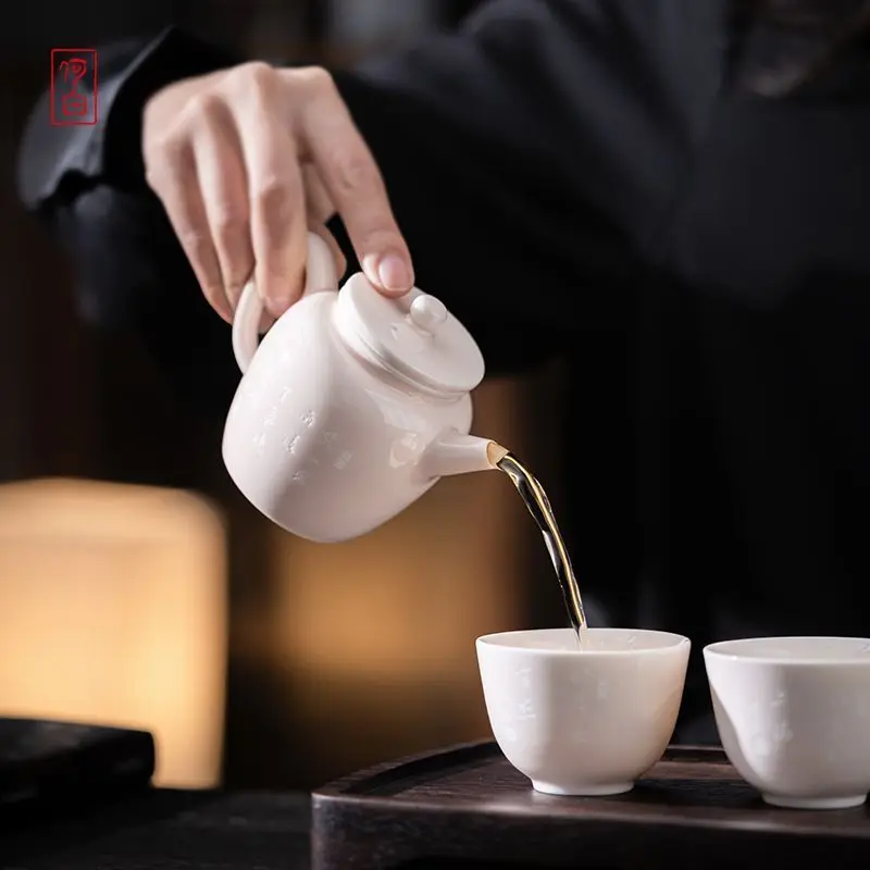 He Bai Hairen Red Classic White Imitation Ming Dynasty Moon Teapot Household High-End Ceramic Tea Chinese Style One Pot Two Cups