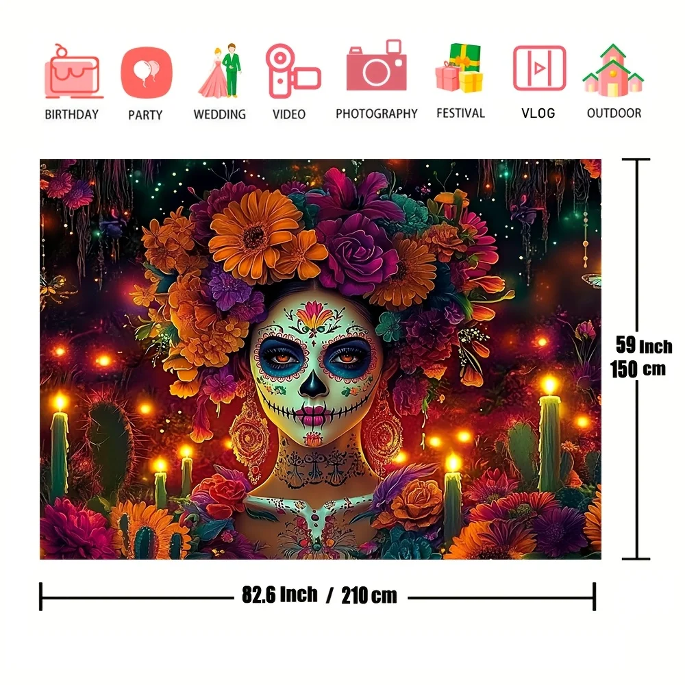 Bohemian Day of the Dead Tapestry Sugar Skull Calavera Boho Floral Skeleton Wall Decor Polyester Art for FestivalParty Halloween