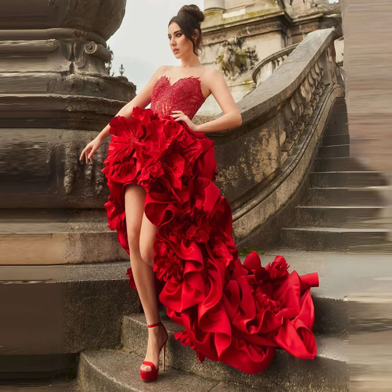 Red Satin Ruffle High‑Low Skirt  Asymmetrical A‑Line Summer Party Dress, 2025 New Elegant Evening Wear Maxi Flower Skirts Party