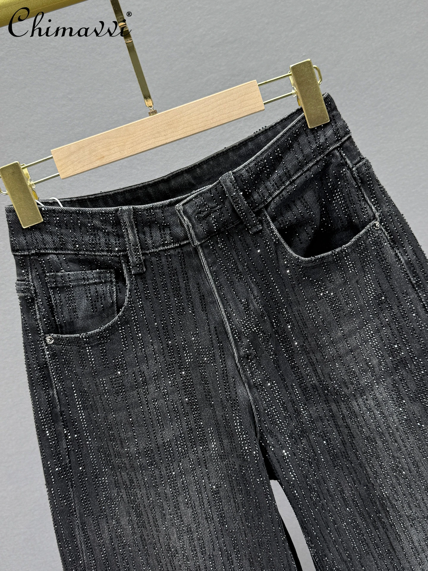 헤비 풀 라인스톤 청바지 여성 와이드 팬츠 2025 가을 신상 하이웨이스트 루즈 슬림 유럽 스타일 롱 팬츠