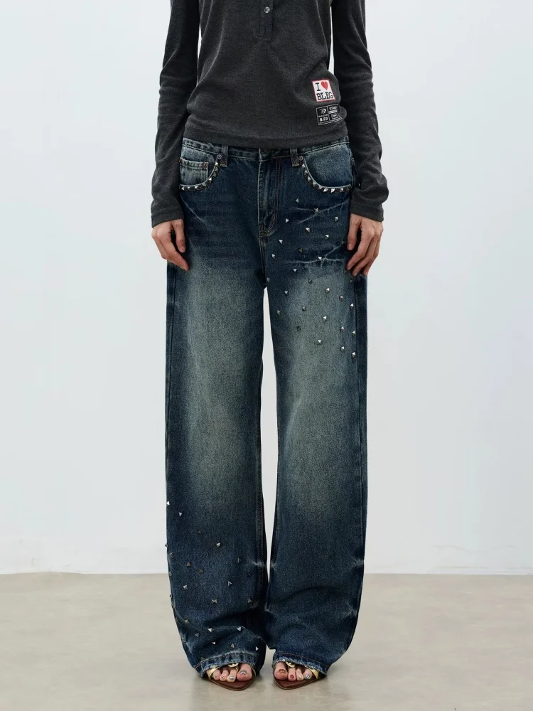 2026 Cyber Y2K Streetwear Rivet Design Washed Blue Baggy Women's Jeans Pants For Woman Clothing Straight Gothic Denim Trousers