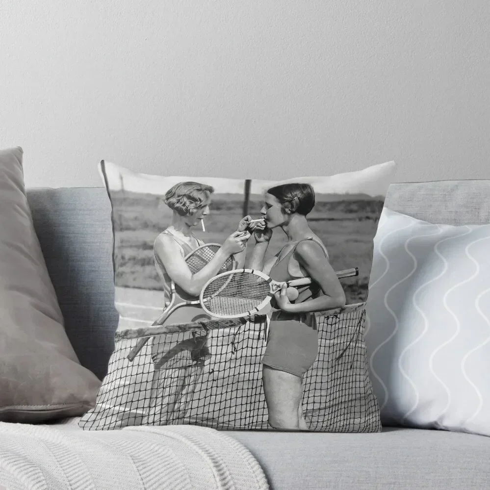 

Women Tennis Players, Cigarette Break, Vintage Black and White Art Throw Pillow Couch Cushions pillow