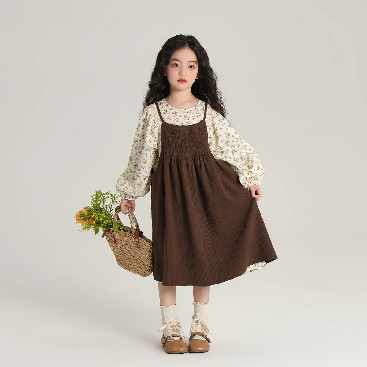 2025 Spring Autumn Collection New Children's Dress Strap Set Pretty and Elegant Girls' Dress Set Retro Strap