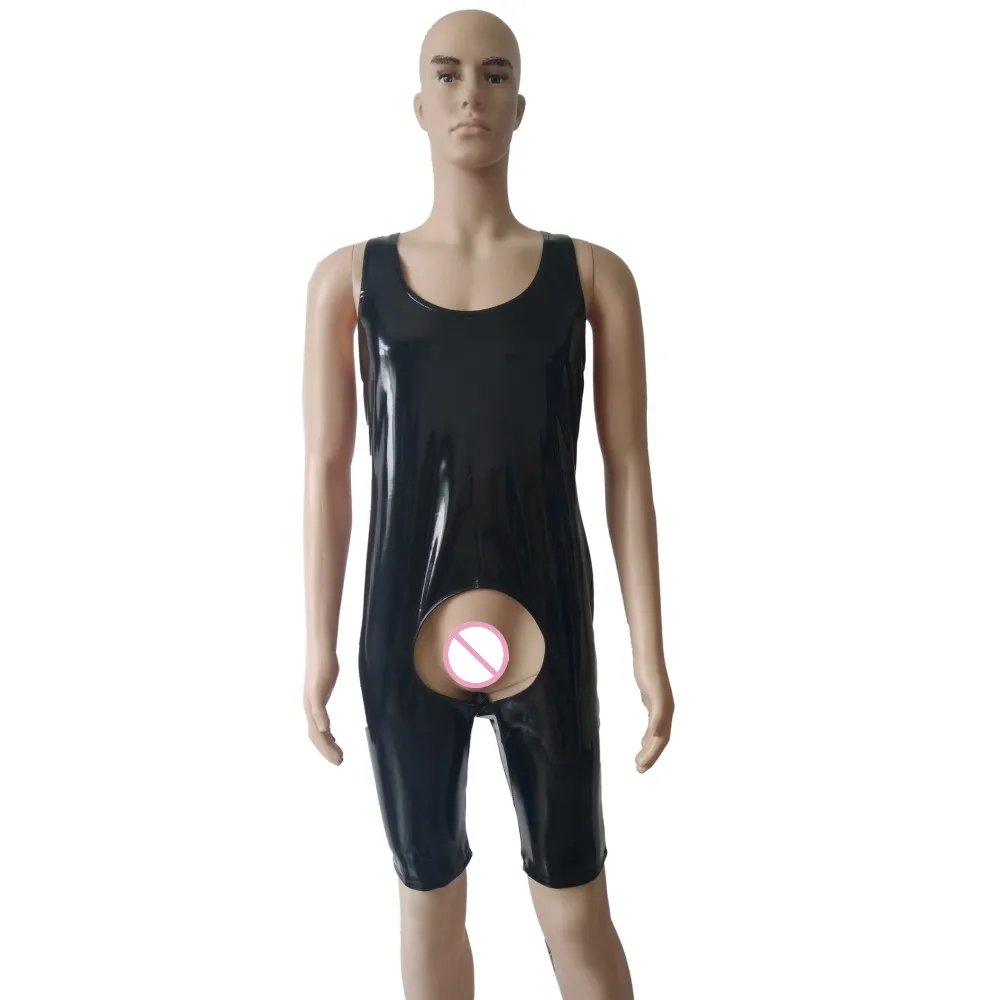 

mens Lingerie Open Crotch Wetlook Costumes Patent pvc faux Leather Crotchless Clubwear Bodysuit