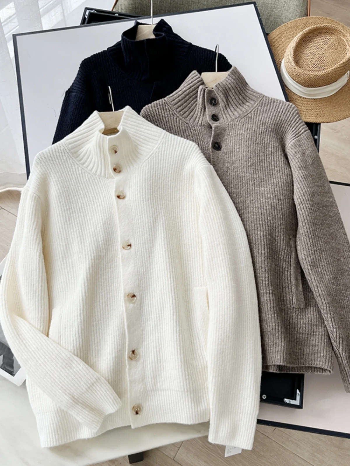 

XiaoYou плюс осенне-зимний новый винтажный свободный вязаный кардиган с воротником-стойкой на одной пуговице, свитер для женщин и мужчин