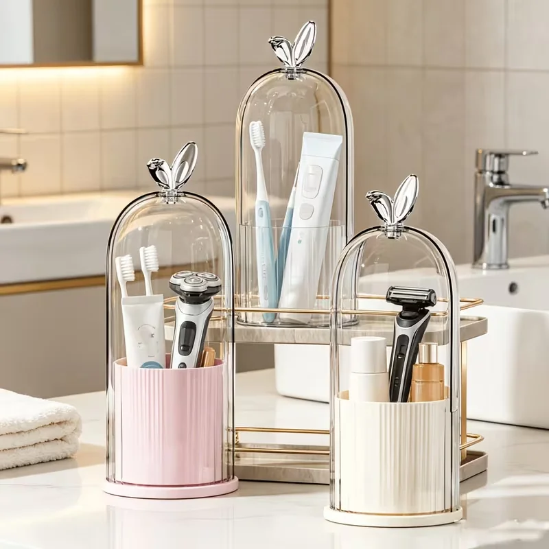 360 ° Drehbarer Zahnbürstenhalter mit transparentem Deckel, Make-up-Organizer-Box mit Fächern zur Aufbewahrung von Pinseln – Detail 2