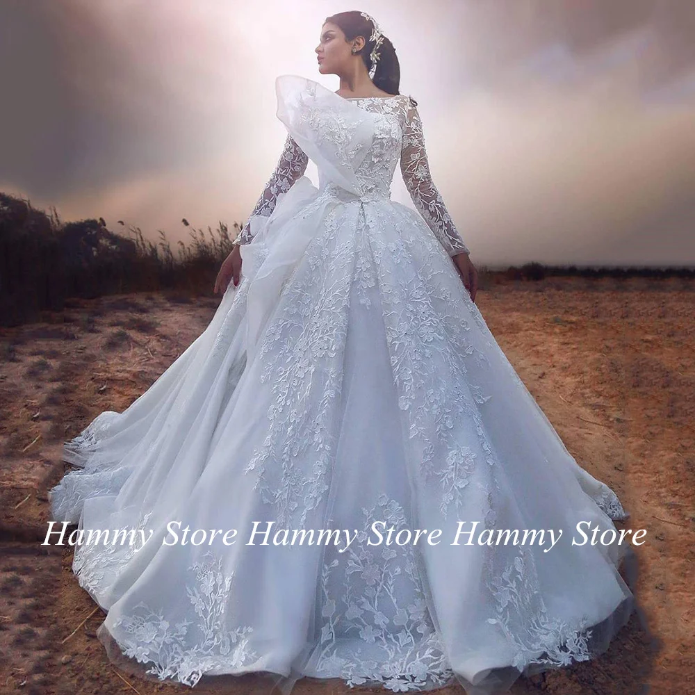 

Luxury Wedding Dress with Full Sleeves Boat Neck Beading Applique Ball Gown Chapel Train Church Bridal Gown Vestido De Noiva