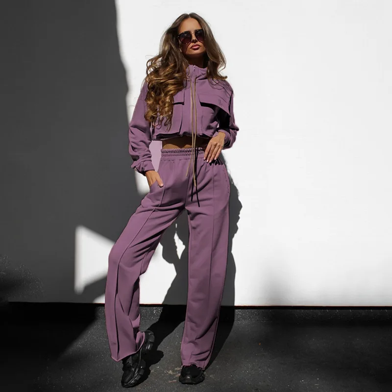 

Autumn Winter New Europe Solid Zipper Double Pocket Drawstring Long Sleeve Top Fashion Casual Pants Set for Women 2023 new