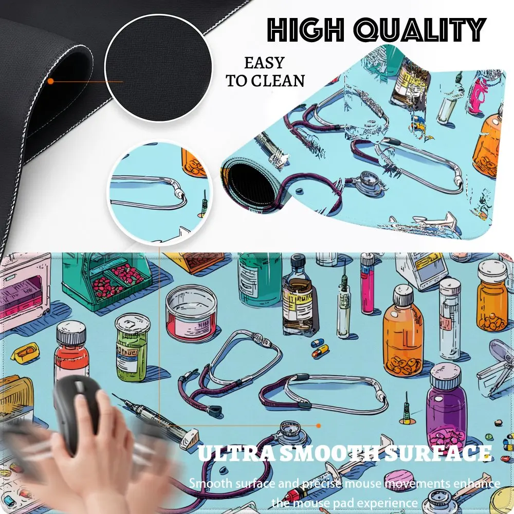 Tapis de bureau XXL en caoutchouc lisse pour souris de jeu, avec motifs de stéthoscopes médicaux, pilules et seringues