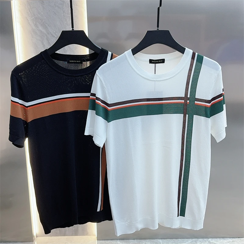 2024 Summer Stripe Knitted T-shirt Men Slim Fit Short Sleeve T-shirt Versatile Round Neck Ice Silk Casual Business Tee M-4XL