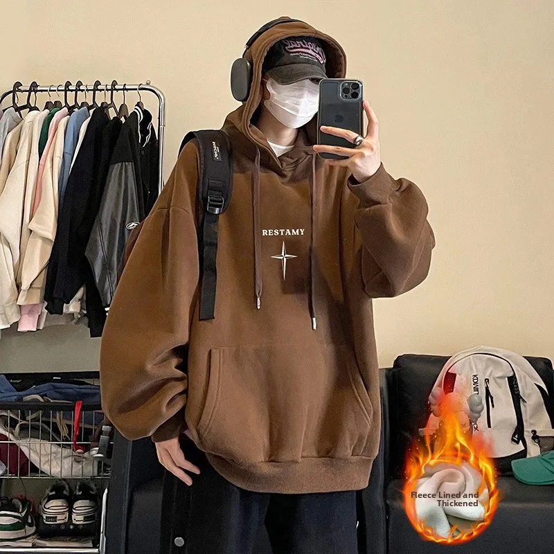

Мужская зимняя утепленная толстовка с флисовой подкладкой, парная куртка в американском ретро-стиле, уличная мода, худи-оверсайз