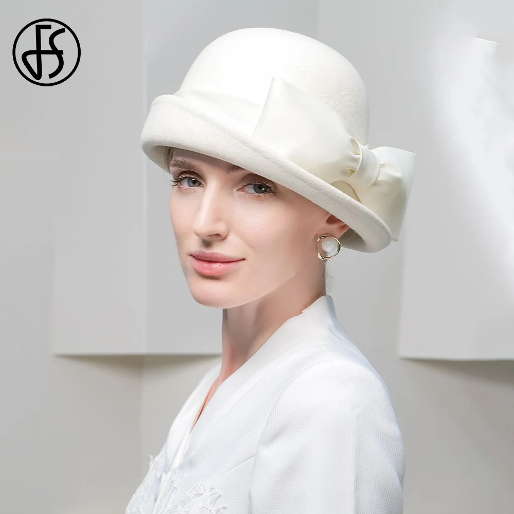 FS Luxury Winter Top Hats For Woman Wedding White Elegant Church Cocktail Tea Party Cap Ladies Curl Brim Wool Fedoras 2024