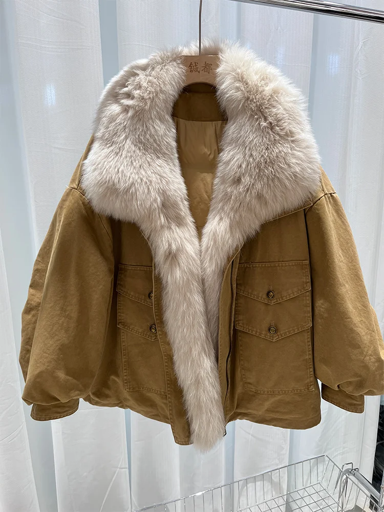 Cusual Winter Warm Women Real Natural Fox Fur Collar Goose Down Jackets Loose Puffer Parka Jackets Thick Female Streetwear