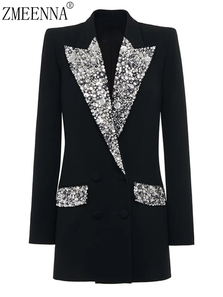 

ZMEENNA Womens Black Double Breasted Blazer Crystal Embellished Lapel Pocket Long Sleeve Elegant Evening Outerwear ZM4604