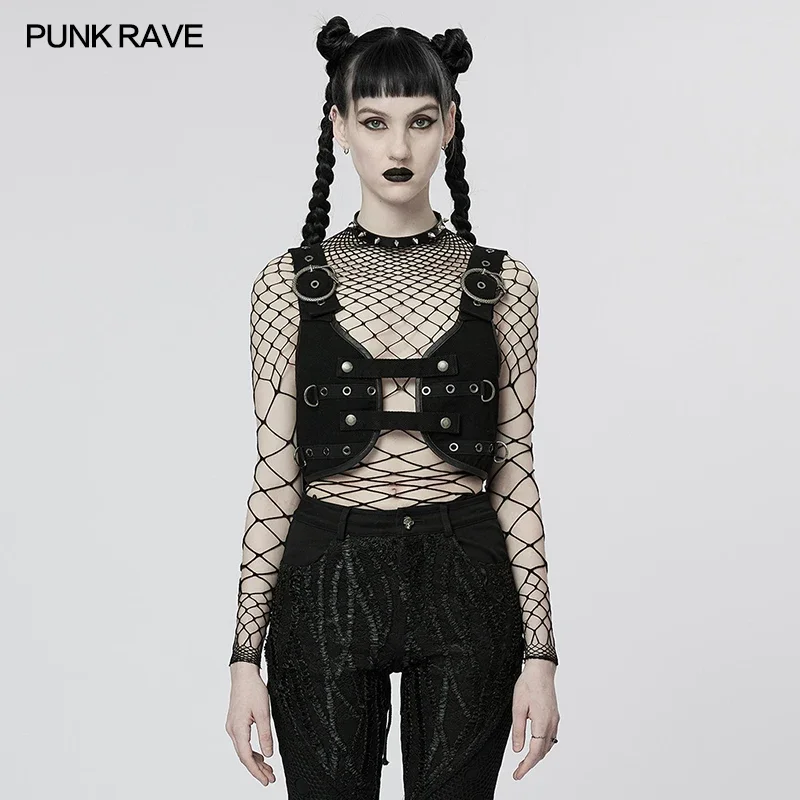 

PUNK RAVE Women's Punk Personalized Metal Snake-shaped Zigzag Buckles Small Vest Club Slim Sexy Women Waist Black Corset