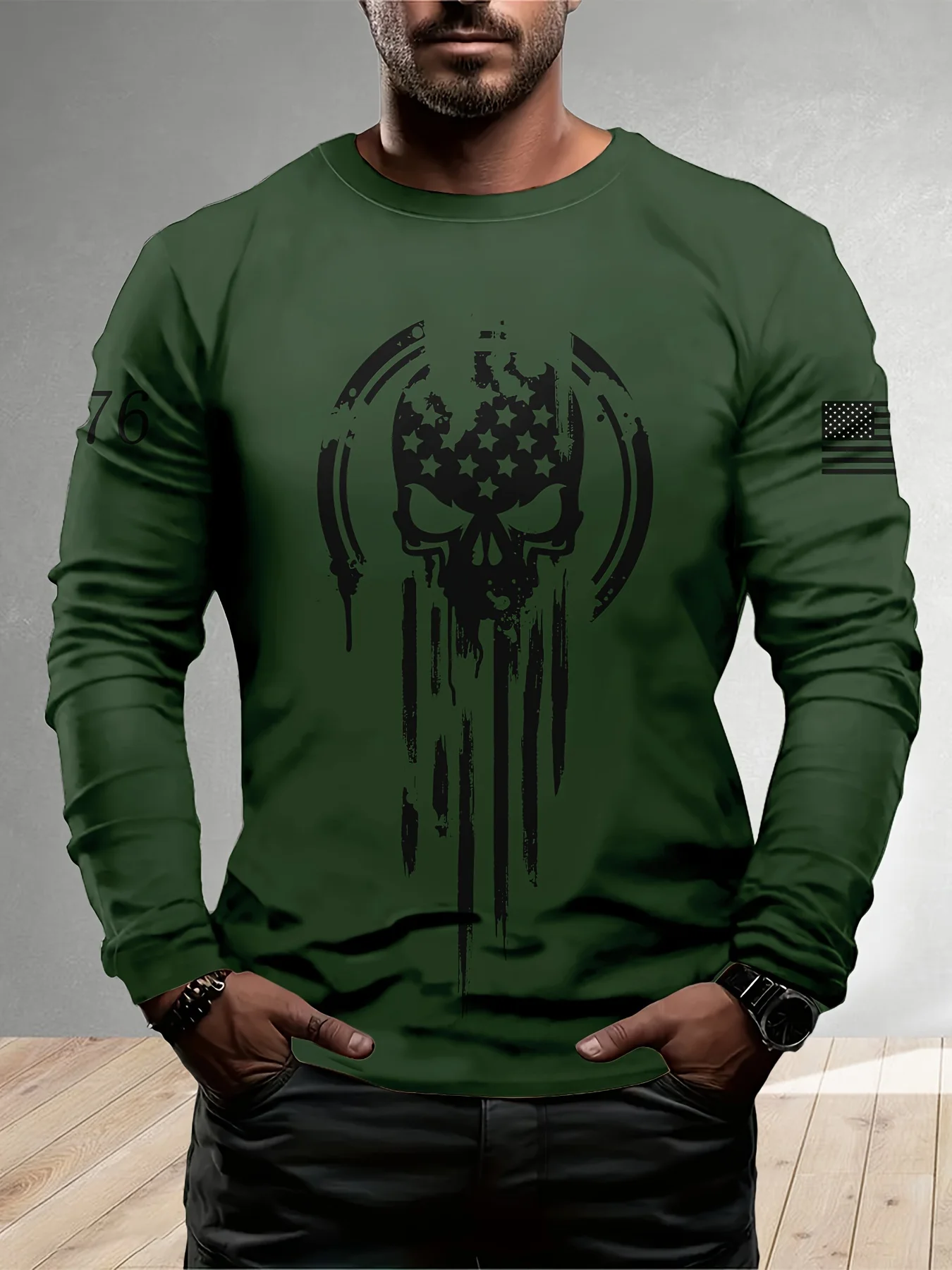 2026 New Men's Summer Oversized Skull Print Casual Slim-Fit Round-Neck Long-Sleeve T-Shirt O-Neck Patchwork Casual T-Shirt