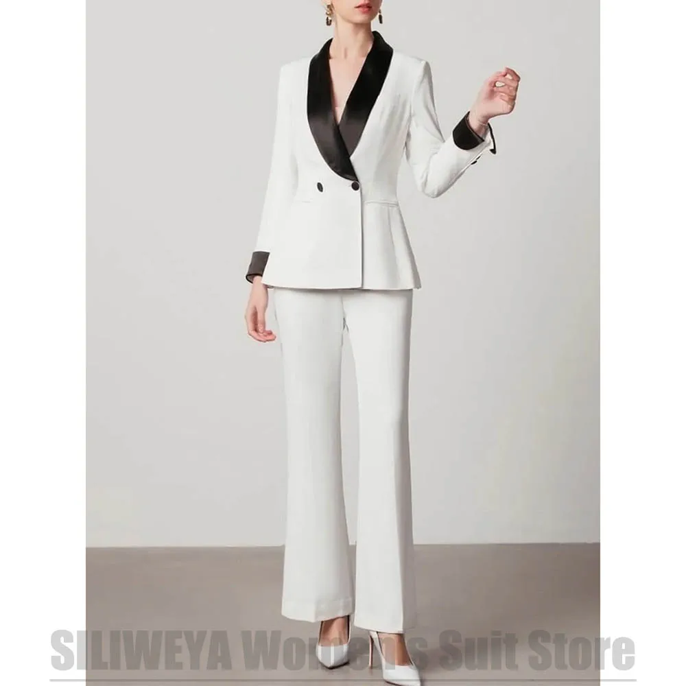 

White Women's Double Breasted Suit 2 Piece Black Satin Shawl Collar Wear Fashion Formal Wedding Party Prom Office Tuxedo