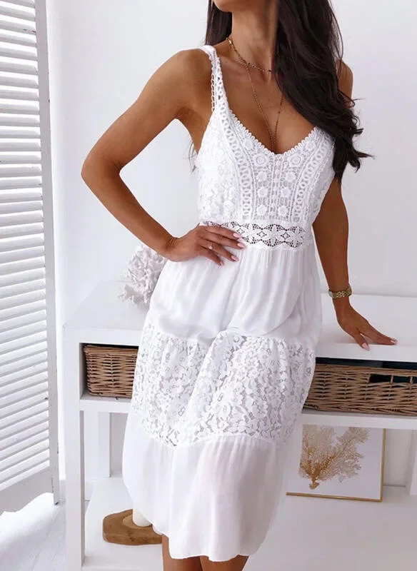 Women Sexy V Neck Backless White Lace Splicing Spaghetti Strap Midi Dress New Summer Boho Casual Beach Sleeveless Dresses