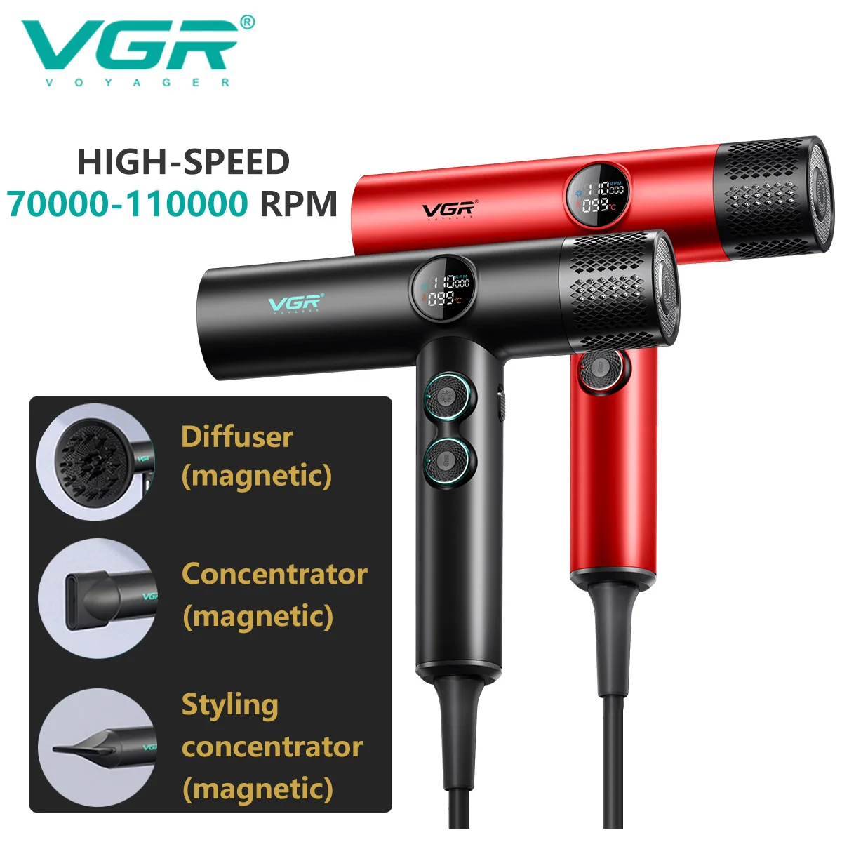 VGR Leafless Hair Dryer Professional Hair Blower Dryer Brushless Motor Dryer 110000RPM Negative Ion Powerful Hair Dryer V-401