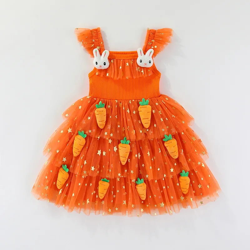 Kids Girls Easter Dress Ruffle Fly Sleeve Mesh Tutu Dress Bunny Carrot Holiday Skirt for Children Party Costume