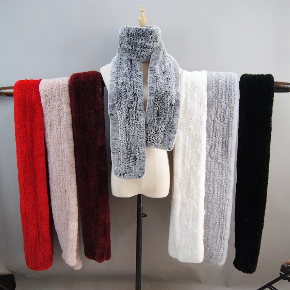 Genuine Rex Rabbit Fur Scarf para mulheres, cachecóis de malha, estilo longo, silenciadores reais, venda quente, inverno