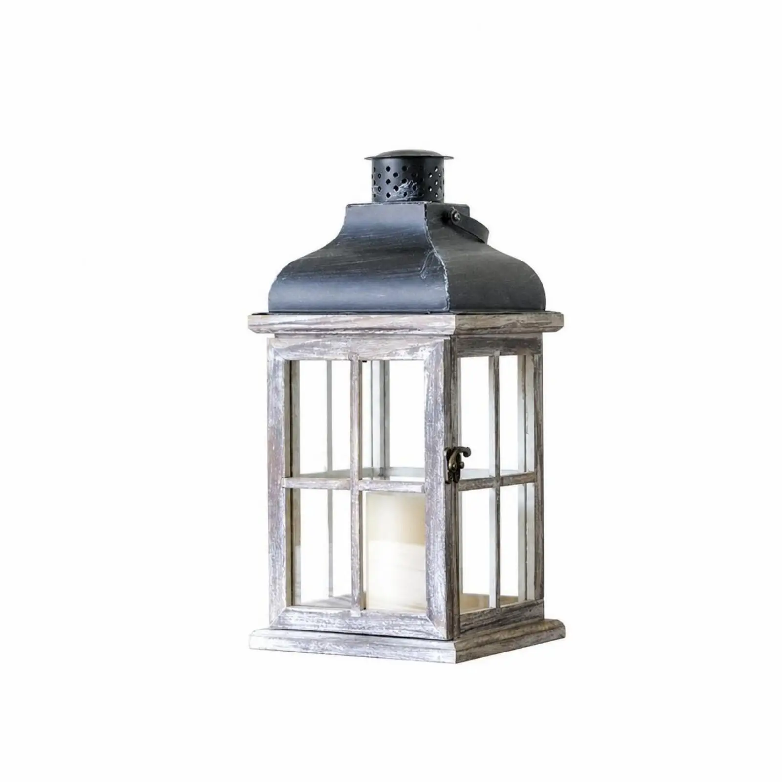 Iron Wooden Candle Lantern with Glass Panels for Warm Glow Farmhouse Table Decoration