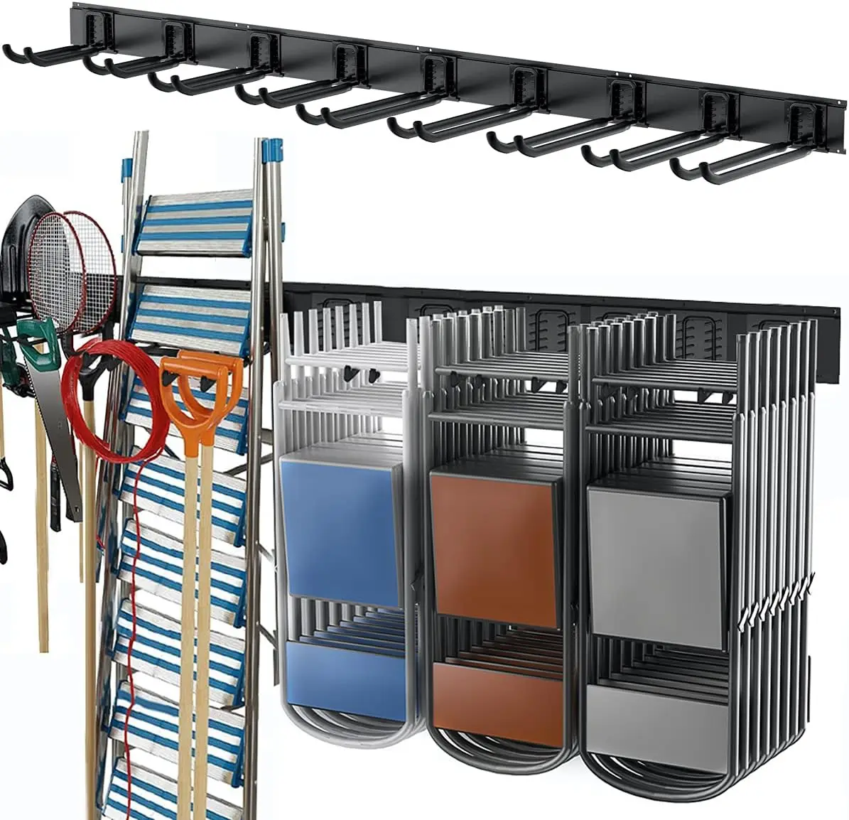 

Tool Storage Rack, Heavy Duty Steel Garage Wall Mount Garden Tool Organizer for Ladders, Chairs, Shovels, Broom, Power t