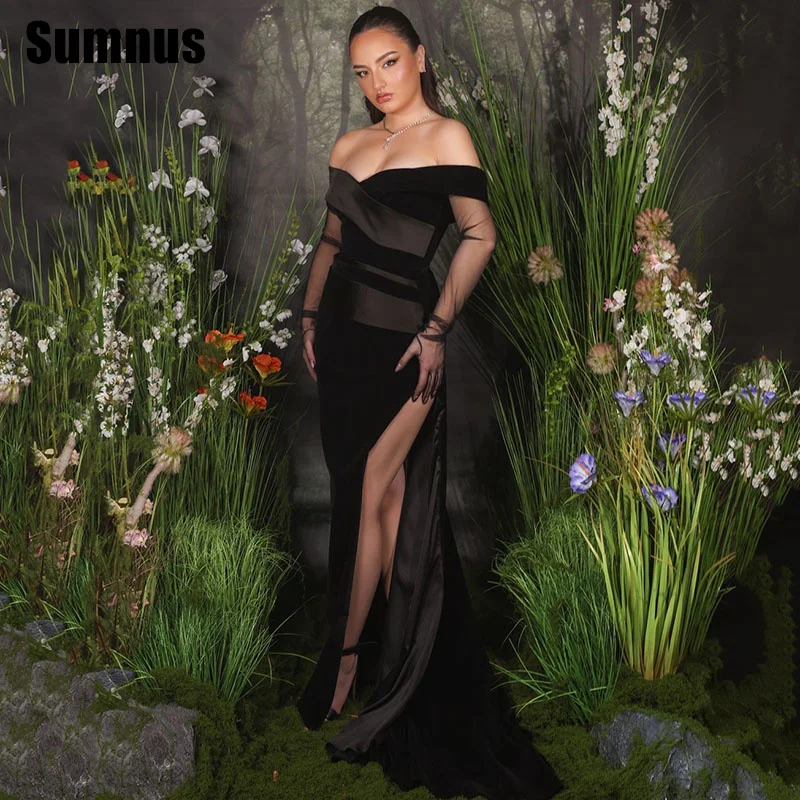 SUMNUS Black Mermaid Prom Dress Elegant Off Shoulder Evening Dresses Floor-Length High Split Formal Gowns Customized