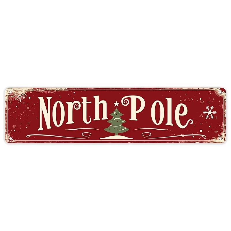 Vintage North Pole Metal Sign - Rustic Christmas Tree & Snowflake Design, 4*16 Inch Aluminum Wall Decor, Perfect for Home