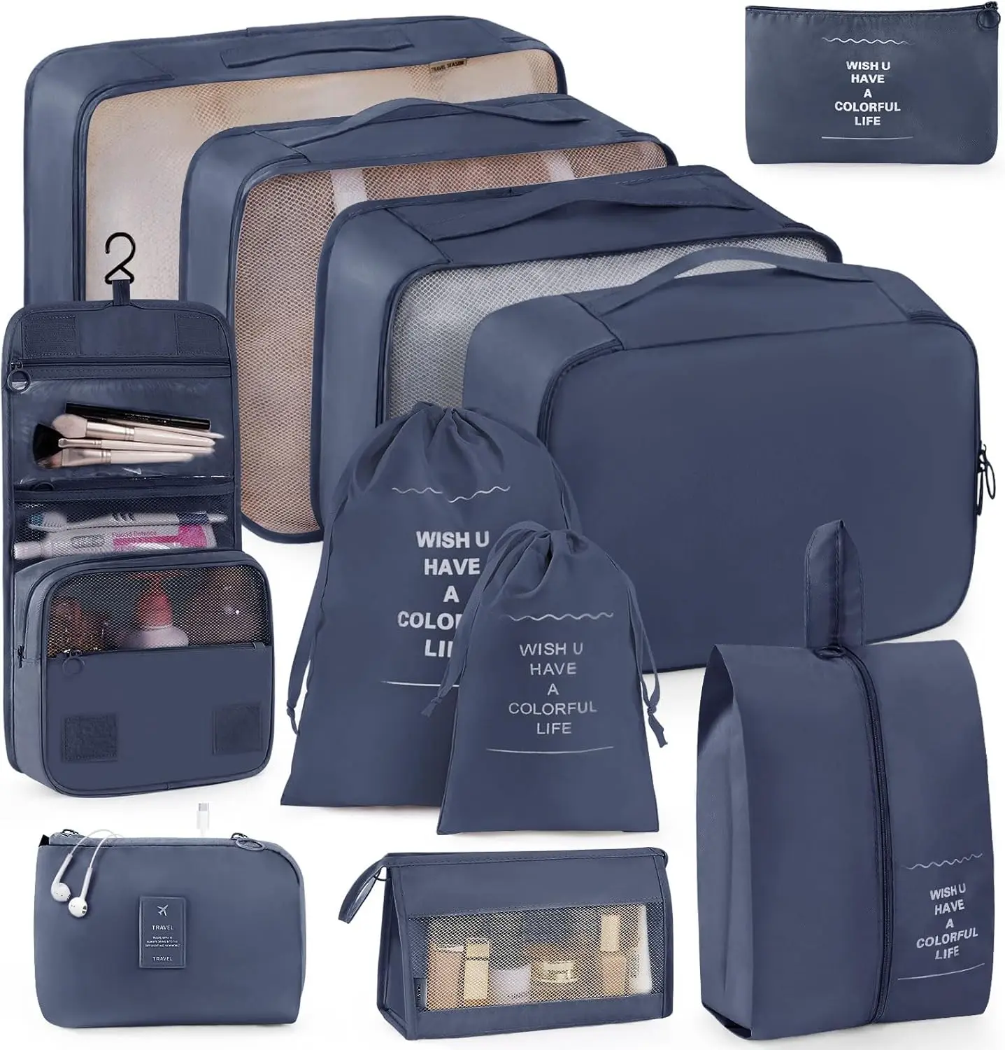 

Набор из 11 упаковочных сумок для чемоданов, компактные органайзеры для путешествий с водонепроницаемыми мешками, темно-синий цвет