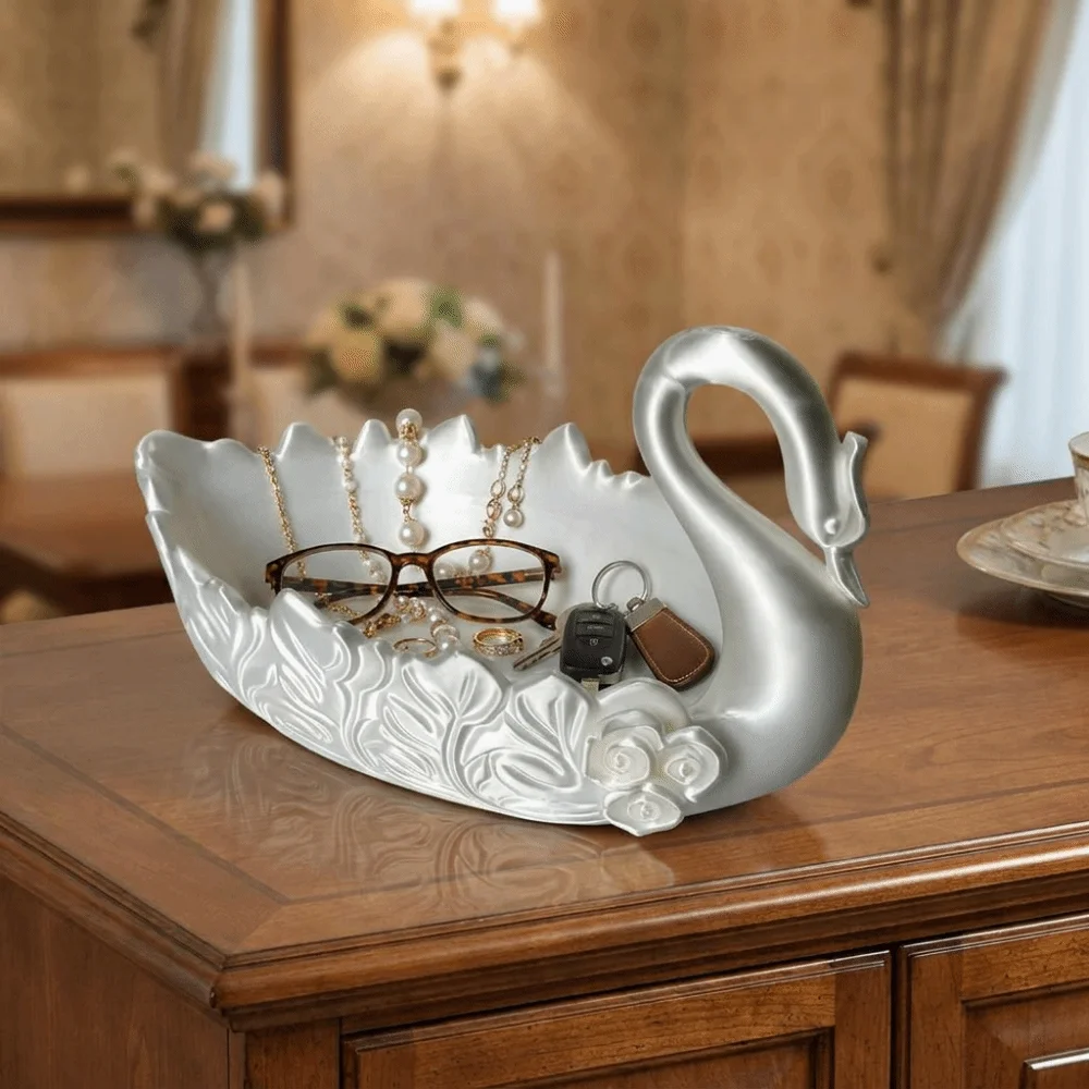 3D Printed Swan Shaped Jewelry Tray Nordic Style Decorative Swan Trinket Holder Plastic Floral Swan Storage Tray for Living Room