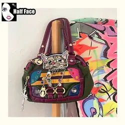 Pikantne dziewczęce Harajuku damskie gotyckie Punk PU miękka skóra czerwona z łańcuchem z nitami jedno ramię casualowe torby Crossbody Lolita