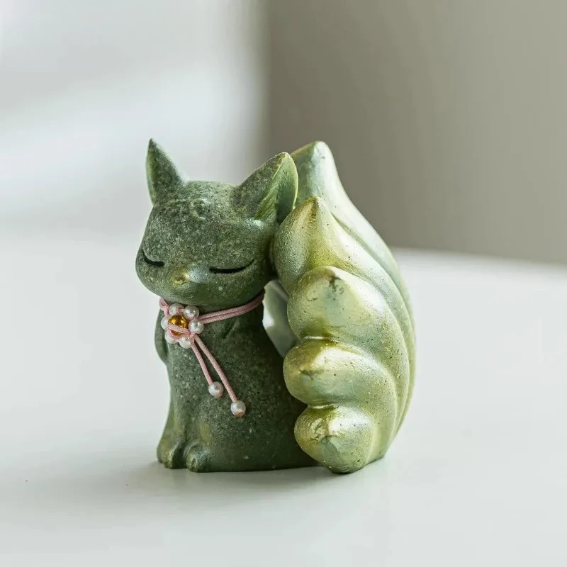 Little Spirit Green Sand Stone Nine-tailed Fox Tea Pet Boutique Fish Tank Landscaping Tea Figurine Play Toys Tea Statue Ornament