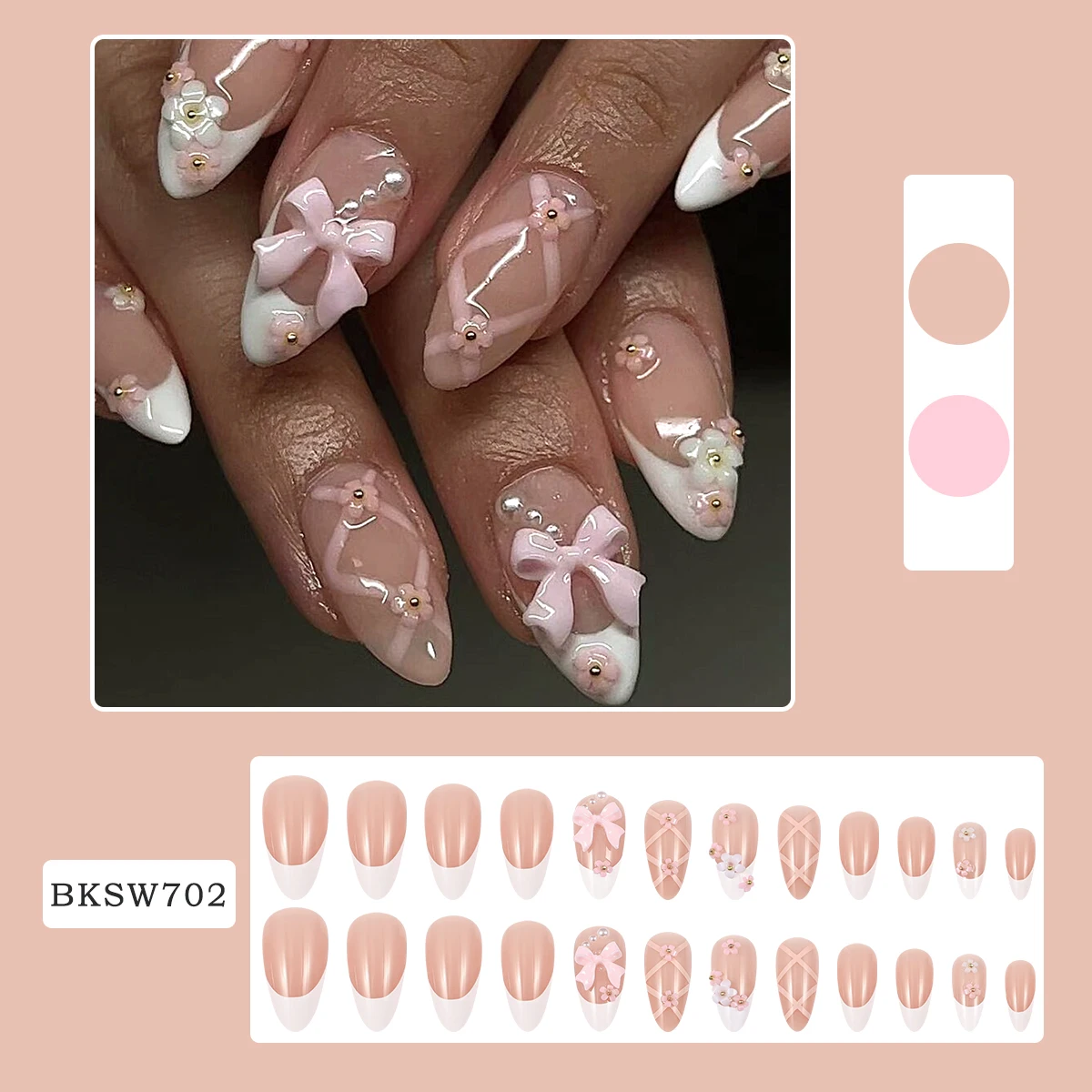 3d Mandel presse auf gefälschten Nägeln lange französische falsche Nägel mit rosa Schleife tragbares Blumen design ovale Maniküre volle Abdeckung Nagels pitzen