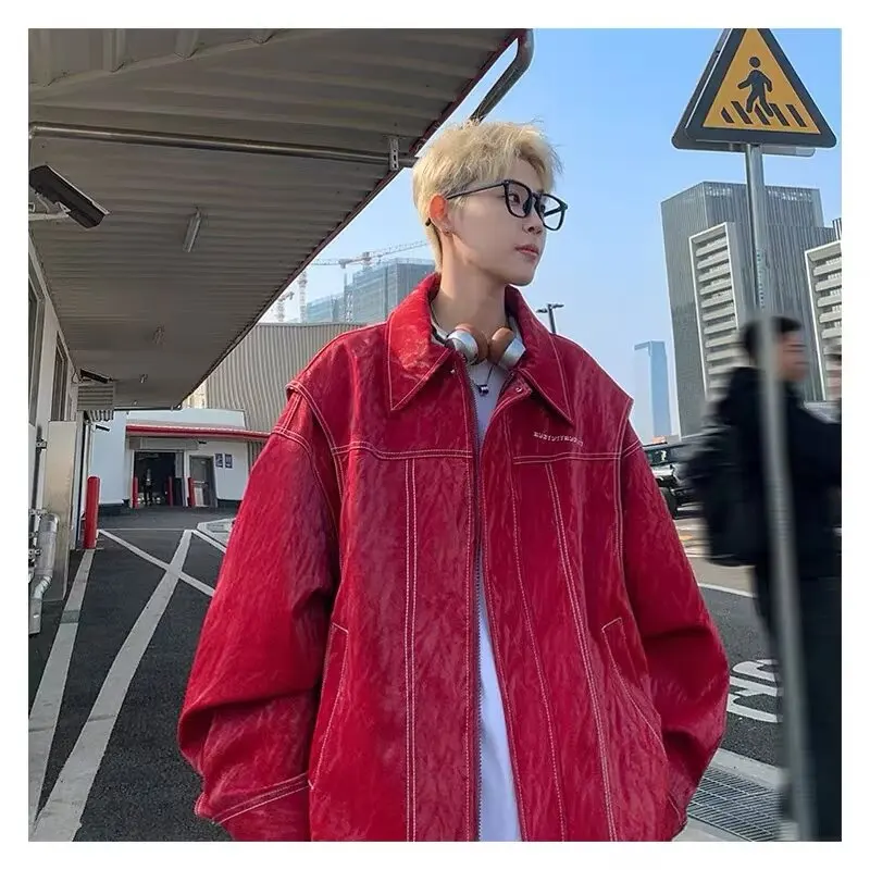 PU Leather Embroidery Bomber Jackets Mens New 2024 Couples Trendy Motorcycle Coats Red Retro Punk Loose Outwear Streetwear