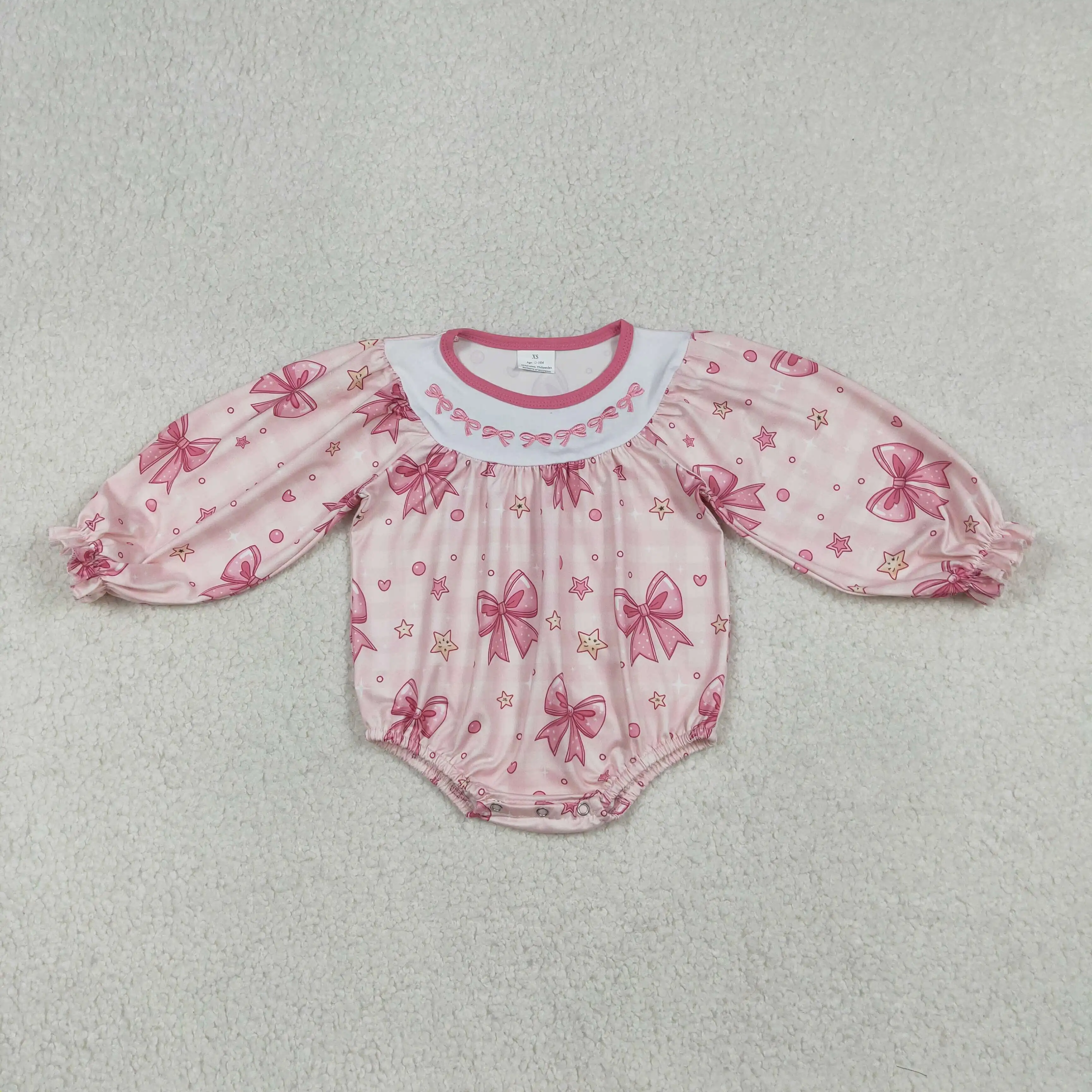

z1222-04 LR2771 Wholesale baby rompers kids clothes girl embroidery bow long sleeve romper boutique children clothing