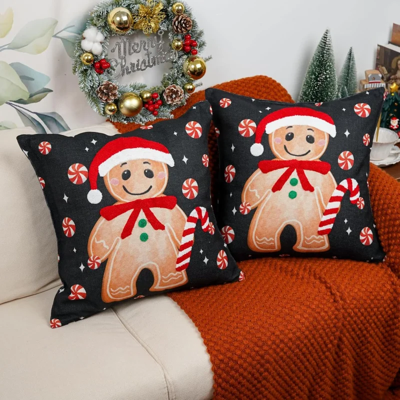 

Christmas pillowcase 18x18 inchesset of 2 gingerbread candy bars black pillow coverhome sofaliving room decoration cushion cover